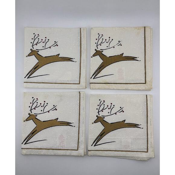 Vintage Cost Plus World Market Christmas Reindeer Fabric Cocktail Napkins Set/ 4 - Picture 1 of 5